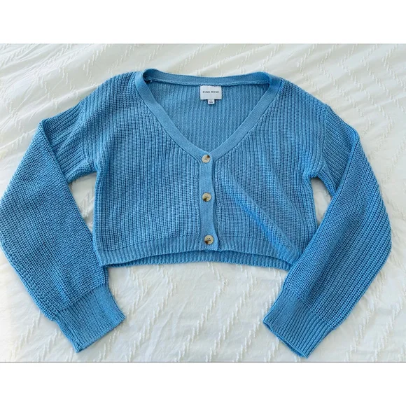 PINK ROSE Blue Cropped Cardigan Sweater women L - Picture 7 of 7